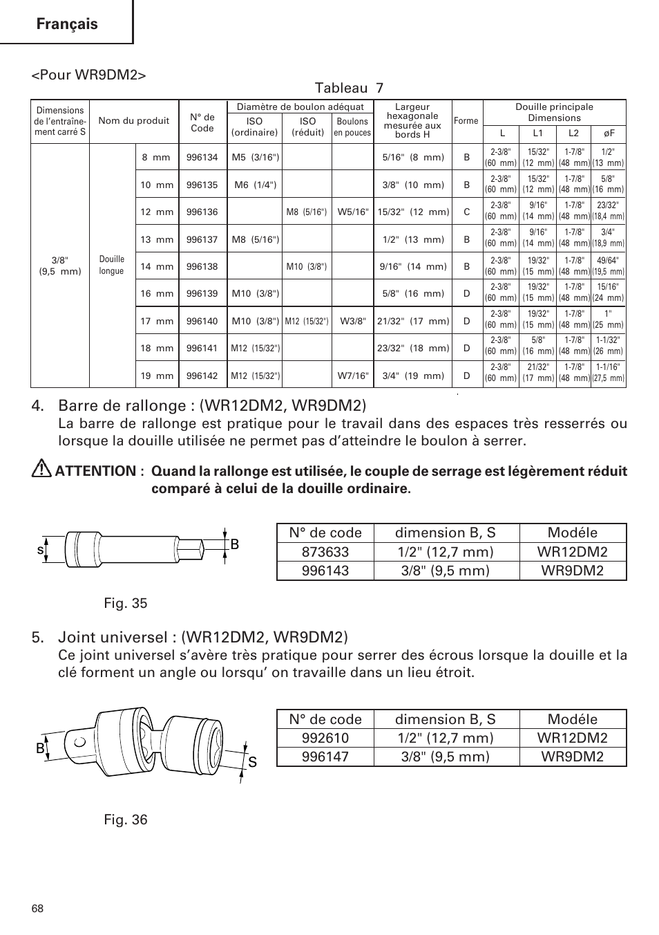 Français, Pour wr9dm2> tableau 7 | Hitachi WR9DM2 User Manual | Page 68 / 108