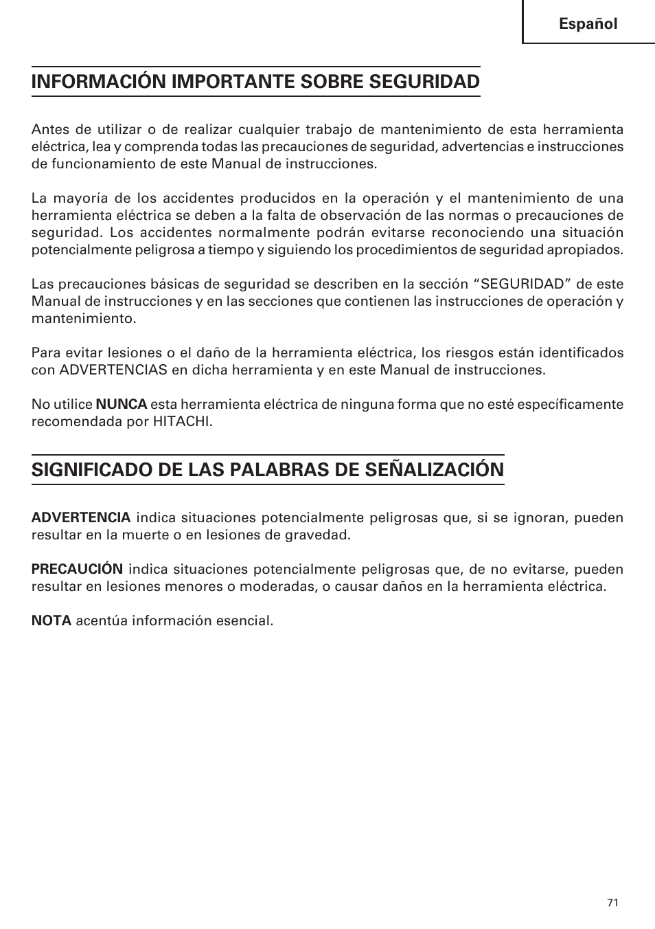 Información importante sobre seguridad, Significado de las palabras de señalización | Hitachi WR9DM2 User Manual | Page 71 / 108