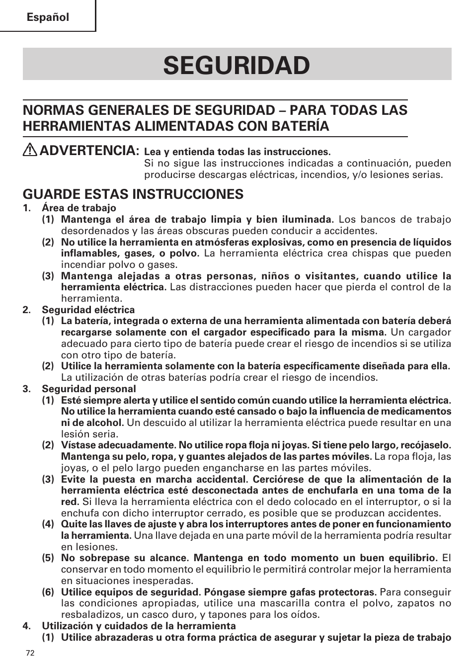 Seguridad, Guarde estas instrucciones | Hitachi WR9DM2 User Manual | Page 72 / 108