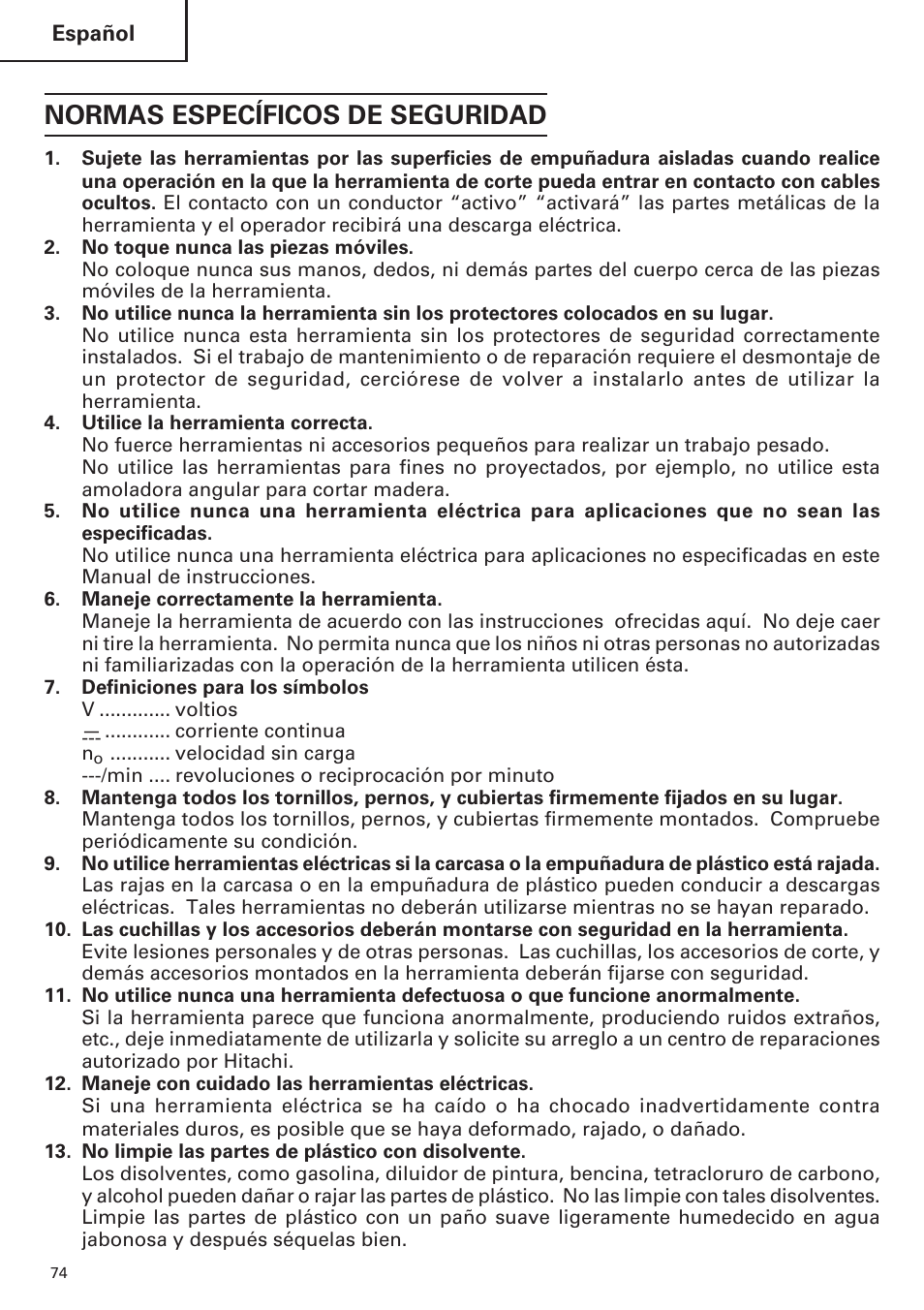 Normas específicos de seguridad | Hitachi WR9DM2 User Manual | Page 74 / 108