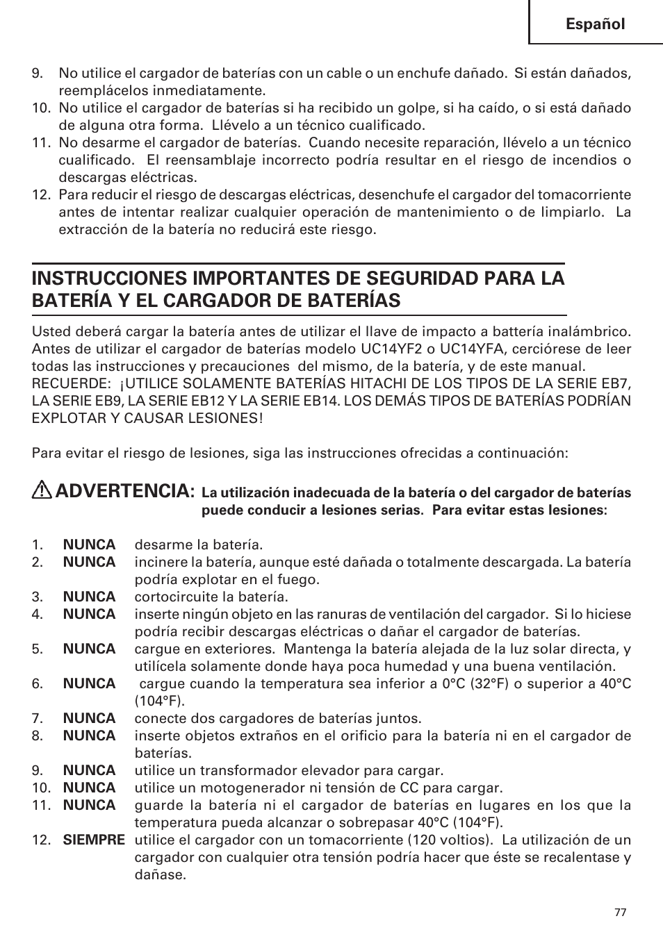 Advertencia | Hitachi WR9DM2 User Manual | Page 77 / 108