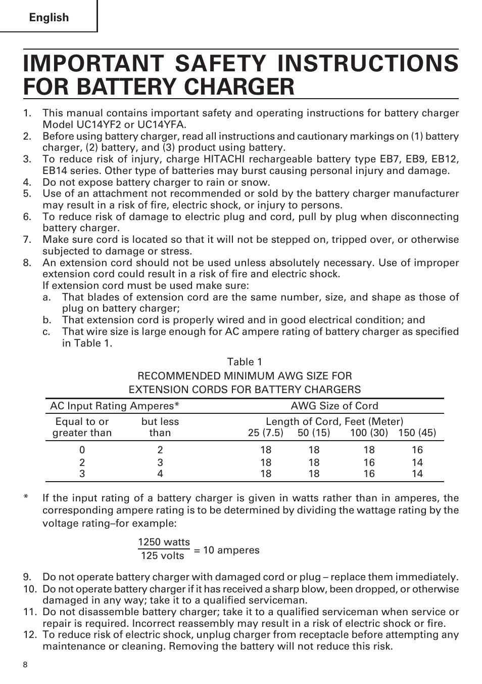 Important safety instructions for battery charger | Hitachi WR9DM2 User Manual | Page 8 / 108