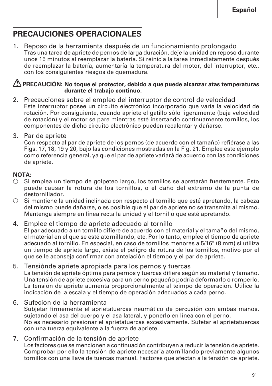 Precauciones operacionales | Hitachi WR9DM2 User Manual | Page 91 / 108