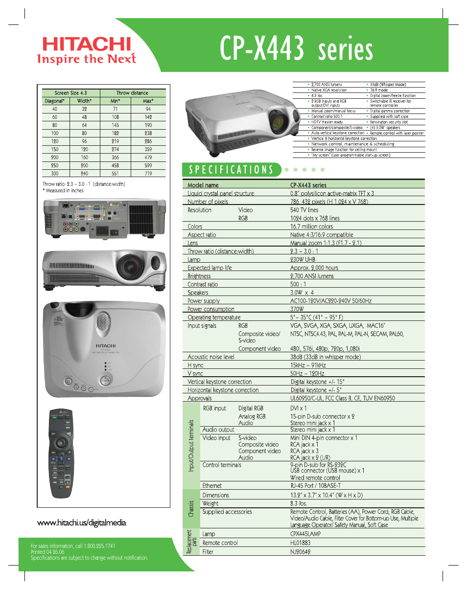 Hitachi CP-X443 User Manual | 1 page