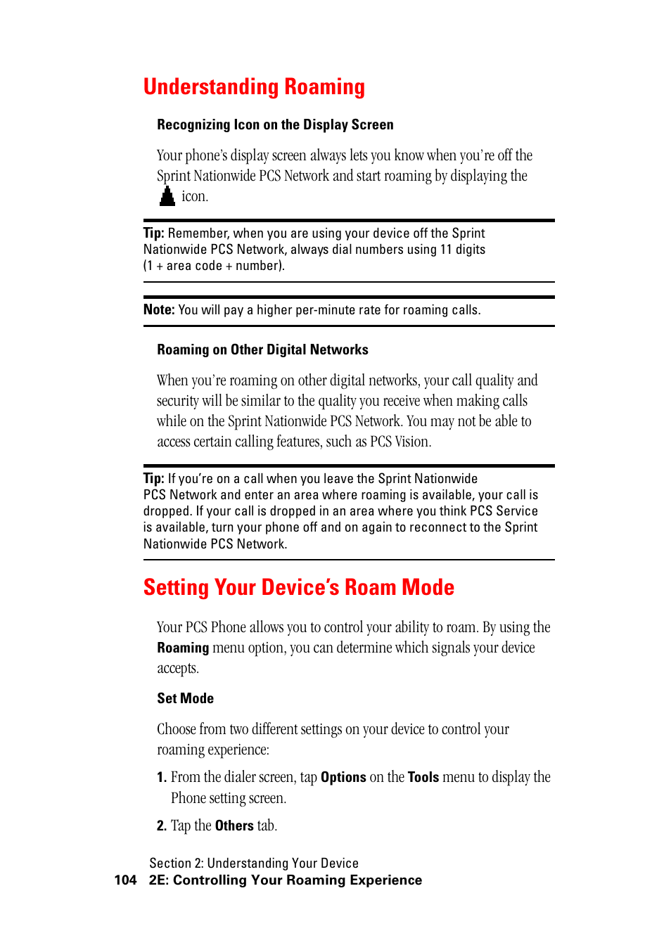 Understanding roaming, Setting your device’s roam mode | Hitachi SH-G1000 User Manual | Page 112 / 264