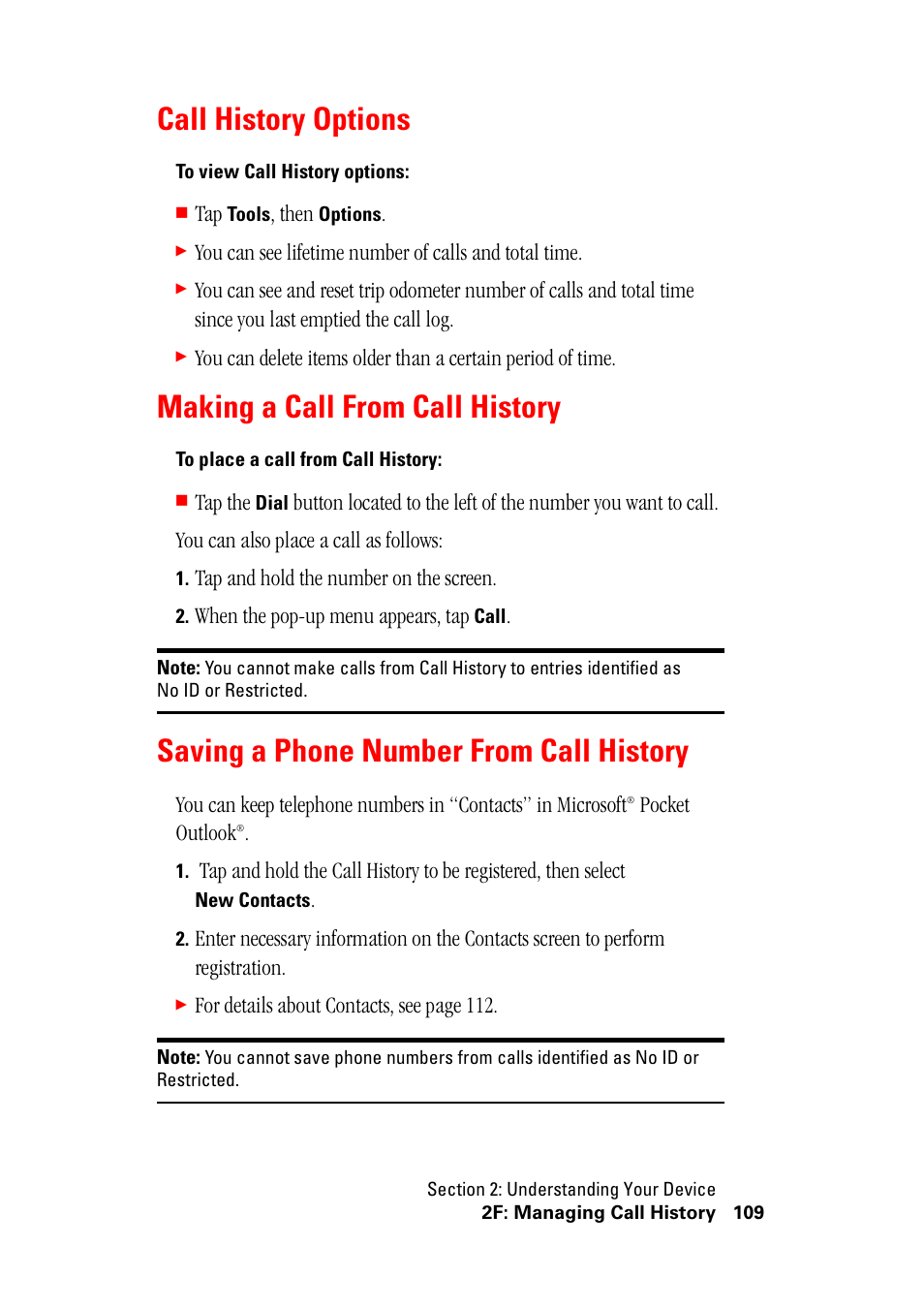 Call history options, Making a call from call history, Saving a phone number from call history | Hitachi SH-G1000 User Manual | Page 117 / 264