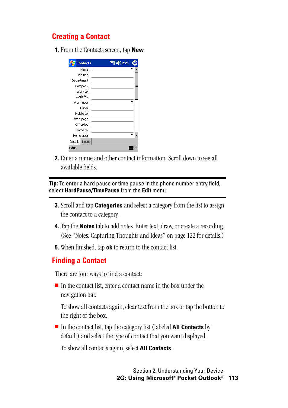 Creating a contact finding a contact, Creating a contact, Finding a contact | Hitachi SH-G1000 User Manual | Page 121 / 264