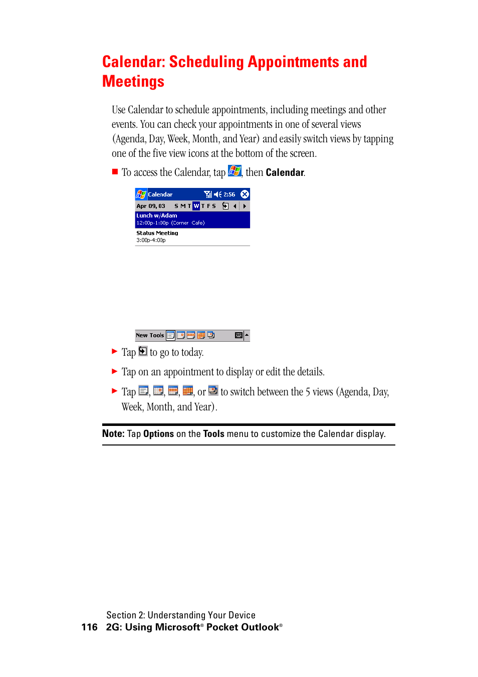 Calendar: scheduling appointments and meetings, Tap to go to today | Hitachi SH-G1000 User Manual | Page 124 / 264