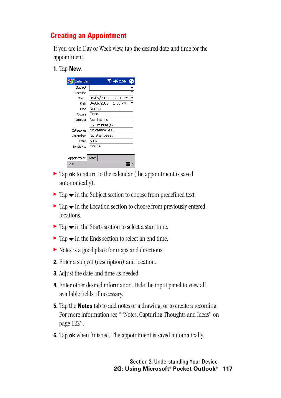 Creating an appointment, Enter a subject (description) and location, Adjust the date and time as needed | Tap the | Hitachi SH-G1000 User Manual | Page 125 / 264