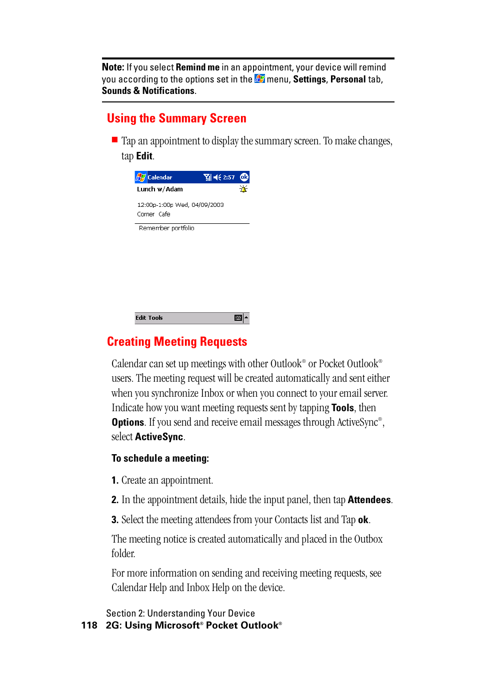 Using the summary screen creating meeting requests, Using the summary screen, Creating meeting requests | Calendar can set up meetings with other outlook, Or pocket outlook, Then, Select, Create an appointment | Hitachi SH-G1000 User Manual | Page 126 / 264