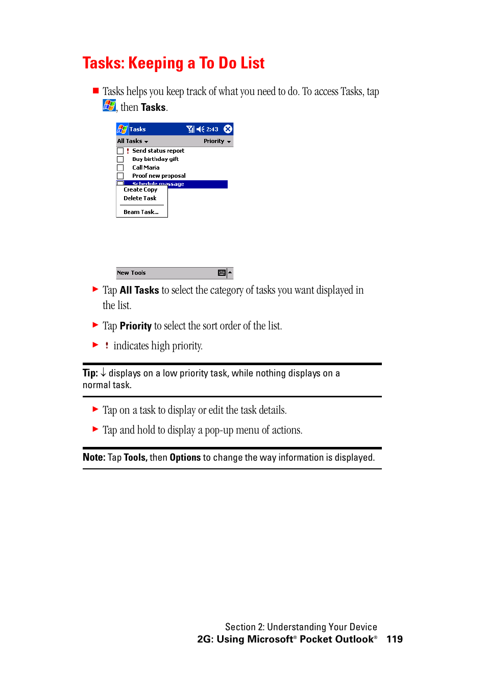 Tasks: keeping a to do list, Indicates high priority, Tap on a task to display or edit the task details | Tap and hold to display a pop-up menu of actions | Hitachi SH-G1000 User Manual | Page 127 / 264