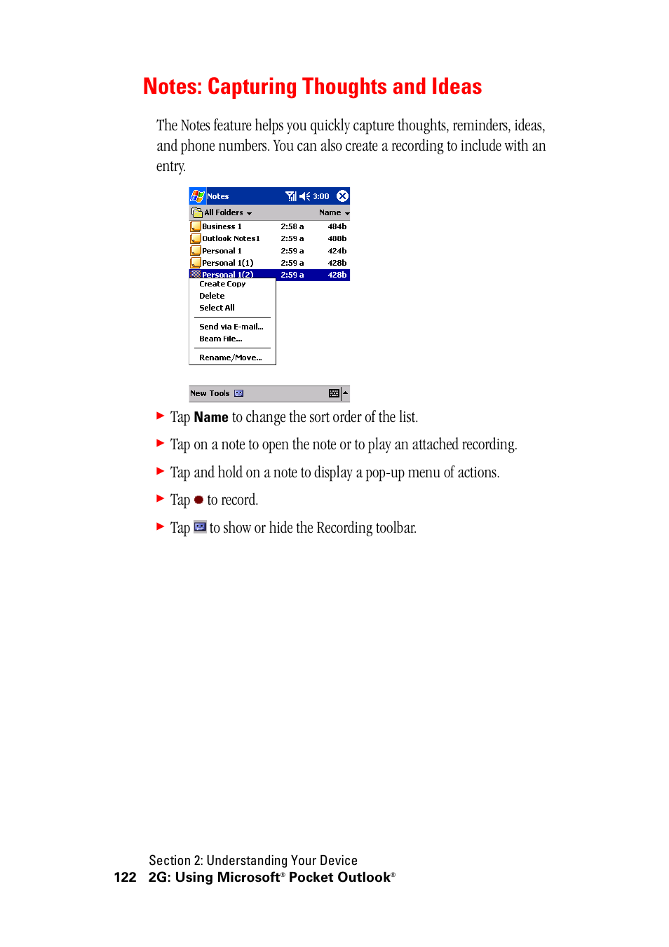 Notes: capturing thoughts and ideas, Tap to record, Tap to show or hide the recording toolbar | Hitachi SH-G1000 User Manual | Page 130 / 264