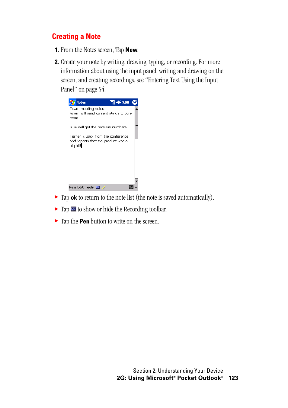 Creating a note, Tap to show or hide the recording toolbar, Tap the | Button to write on the screen | Hitachi SH-G1000 User Manual | Page 131 / 264