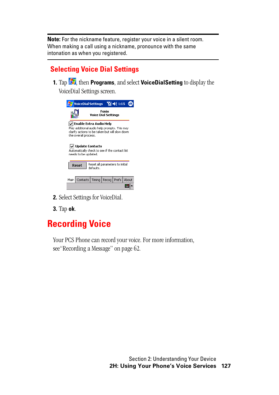 Recording voice, Selecting voice dial settings | Hitachi SH-G1000 User Manual | Page 135 / 264