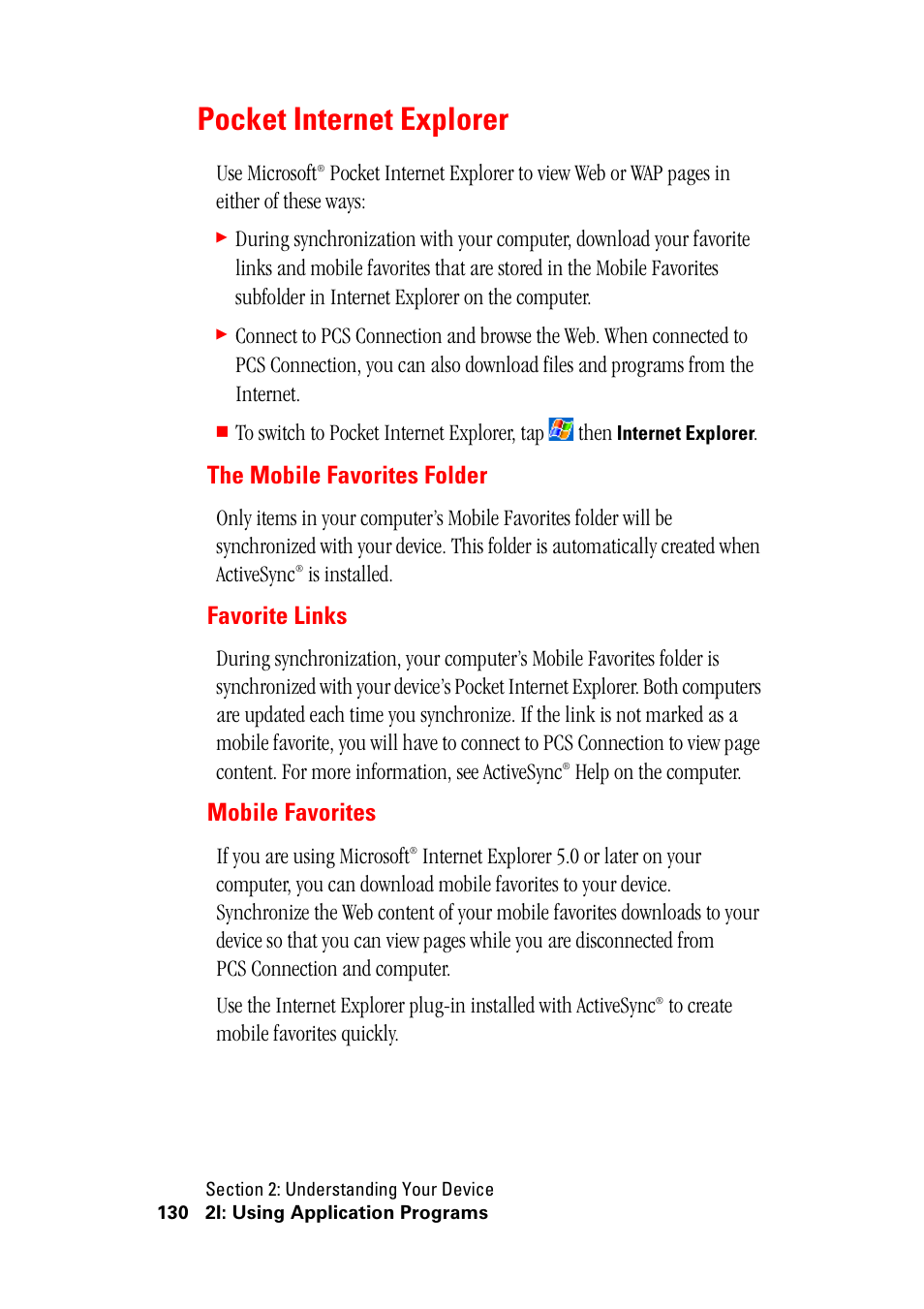 Pocket internet explorer, The mobile favorites folder, Favorite links | Mobile favorites | Hitachi SH-G1000 User Manual | Page 138 / 264