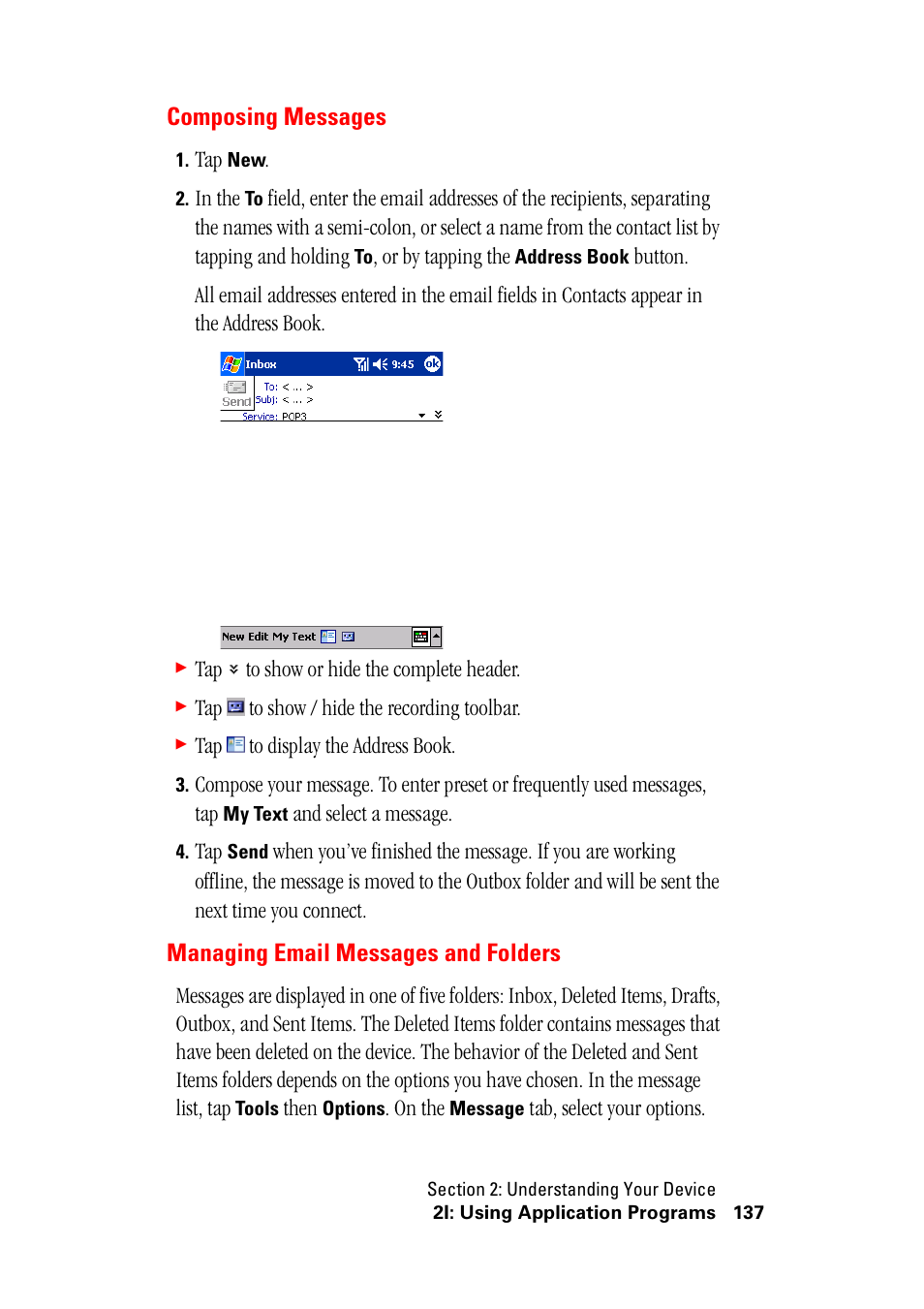 Composing messages, Managing email messages and folders | Hitachi SH-G1000 User Manual | Page 145 / 264