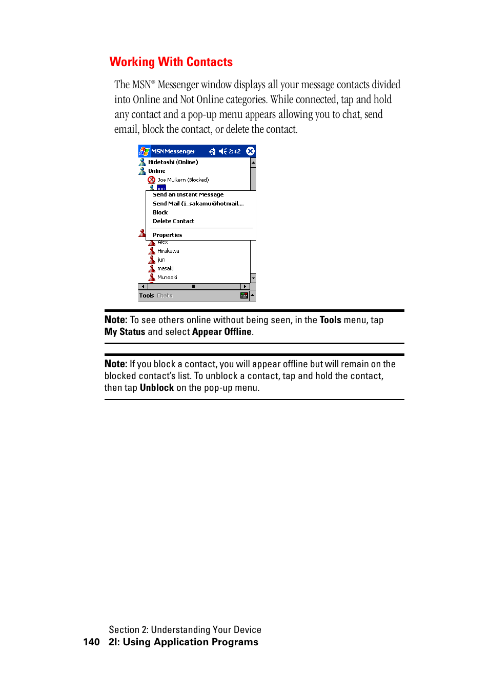 Working with contacts, The msn | Hitachi SH-G1000 User Manual | Page 148 / 264