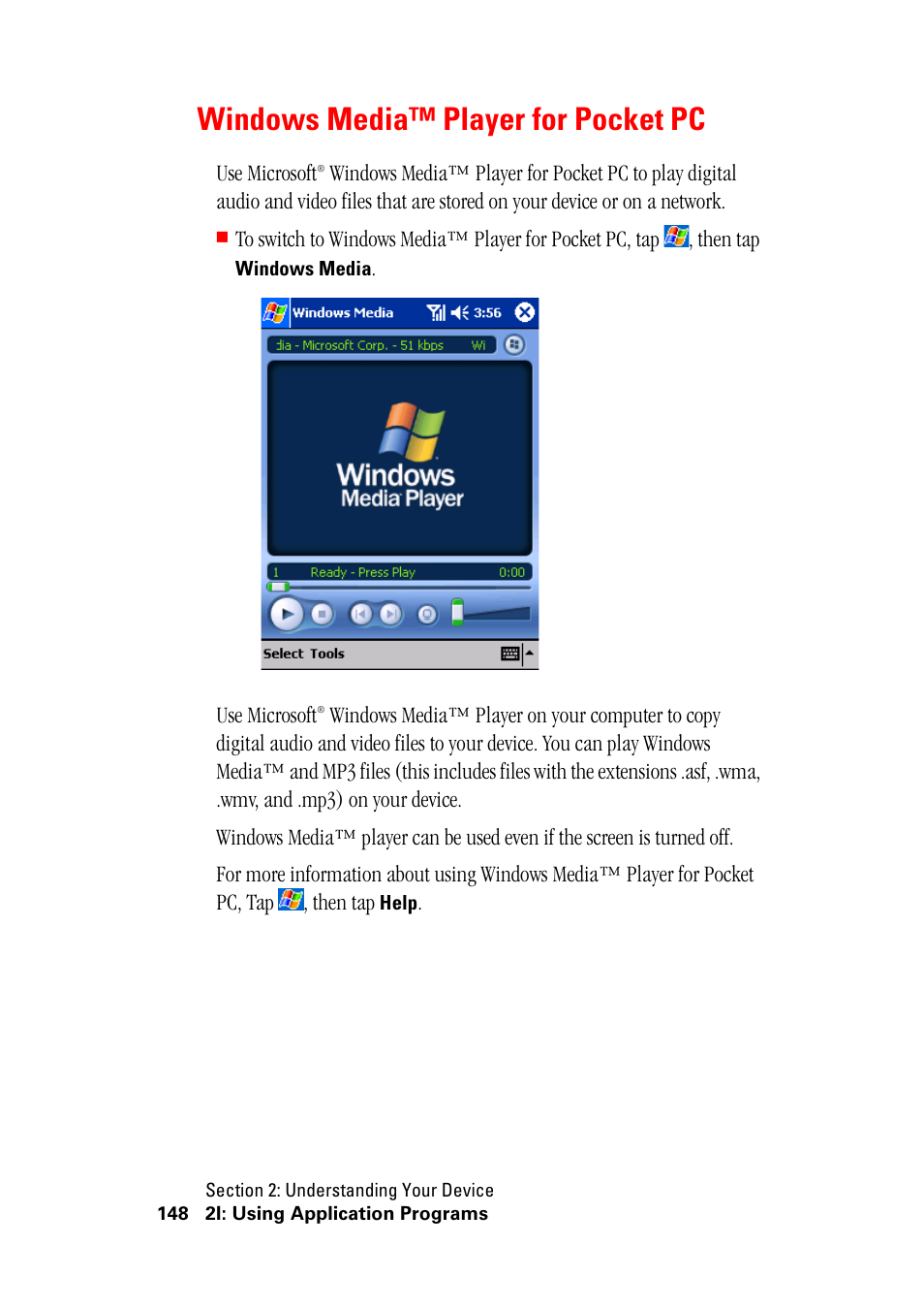 Windows media™ player for pocket pc, Windows media player for pocket pc | Hitachi SH-G1000 User Manual | Page 156 / 264