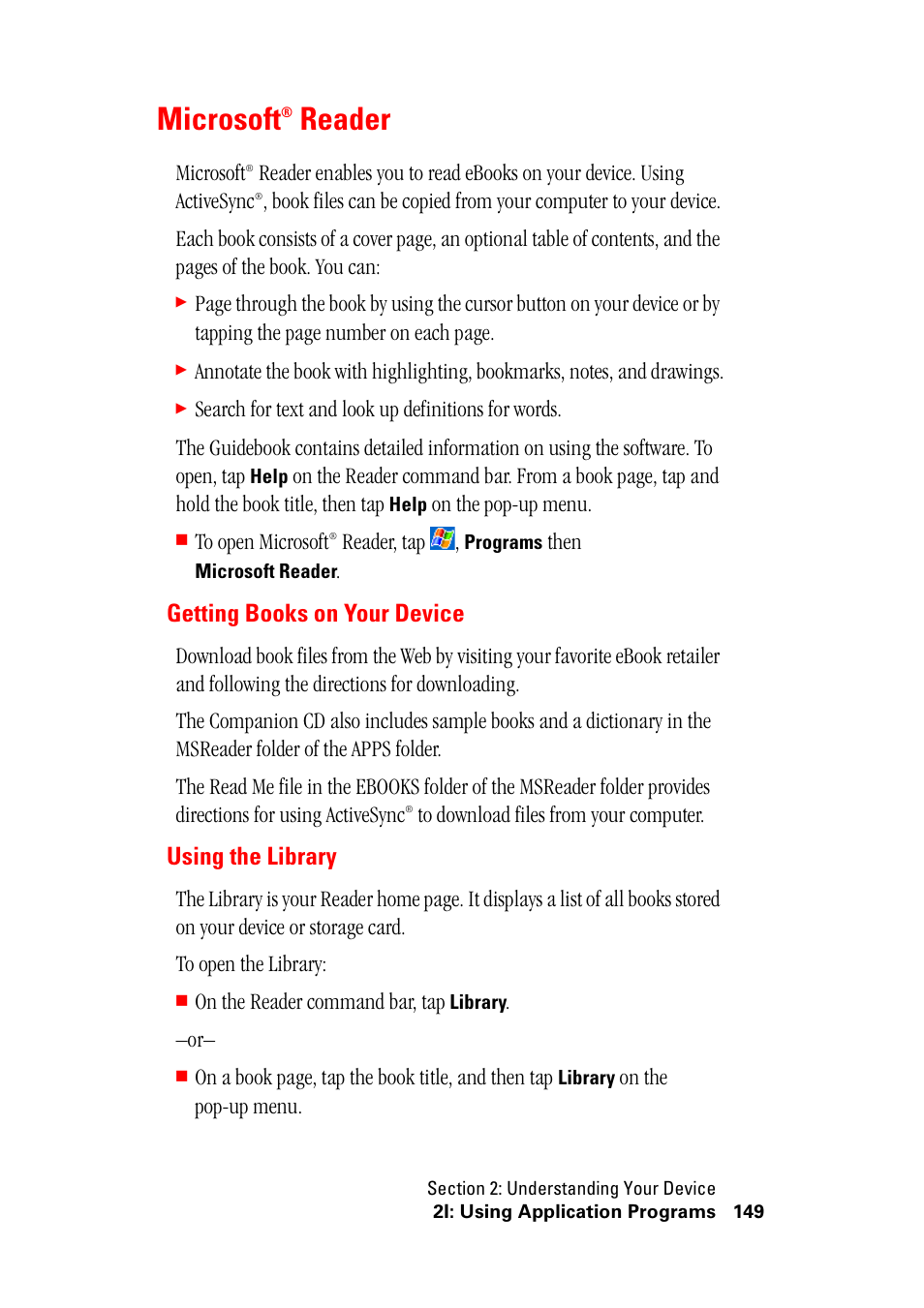 Microsoft® reader, Microsoft reader, Getting books on your device using the library | Microsoft, Reader, Getting books on your device, Using the library | Hitachi SH-G1000 User Manual | Page 157 / 264