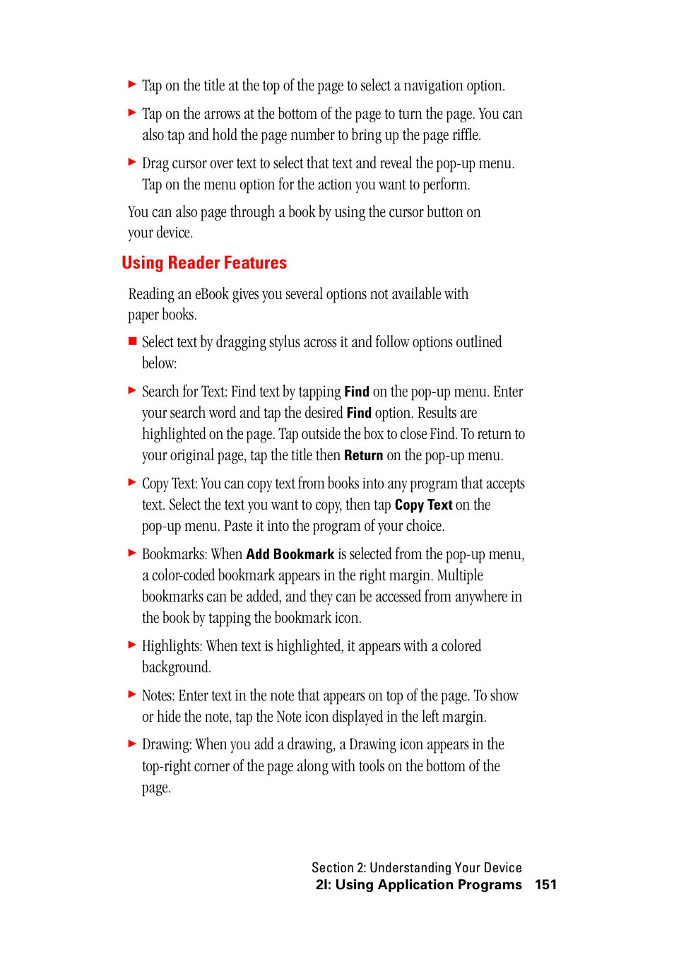 Using reader features, Search for text: find text by tapping, On the pop-up menu | Bookmarks: when | Hitachi SH-G1000 User Manual | Page 159 / 264