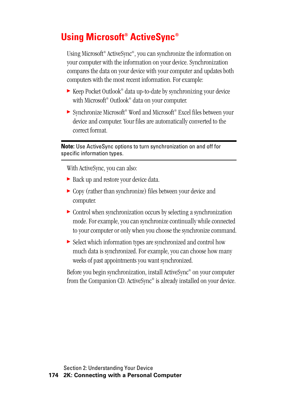 Using microsoft® activesync, Using microsoft activesync, Using microsoft | Activesync, Keep pocket outlook, Outlook, Data on your computer, Synchronize microsoft, Word and microsoft, With activesync, you can also | Hitachi SH-G1000 User Manual | Page 182 / 264