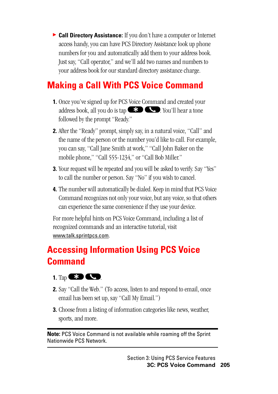 Making a call with pcs voice command, Accessing information using pcs voice command | Hitachi SH-G1000 User Manual | Page 213 / 264