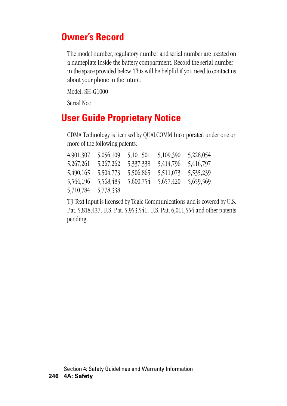 Owner’s record, User guide proprietary notice, Owner’s record user guide proprietary notice | Hitachi SH-G1000 User Manual | Page 254 / 264