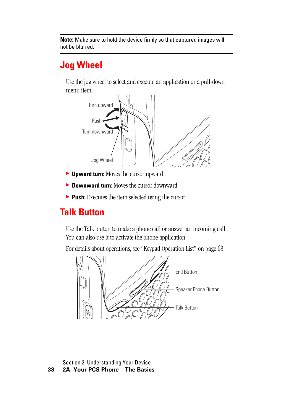 Jog wheel, Talk button, Jog wheel talk button | Moves the cursor upward, Moves the cursor downward, Executes the item selected using the cursor | Hitachi SH-G1000 User Manual | Page 46 / 264