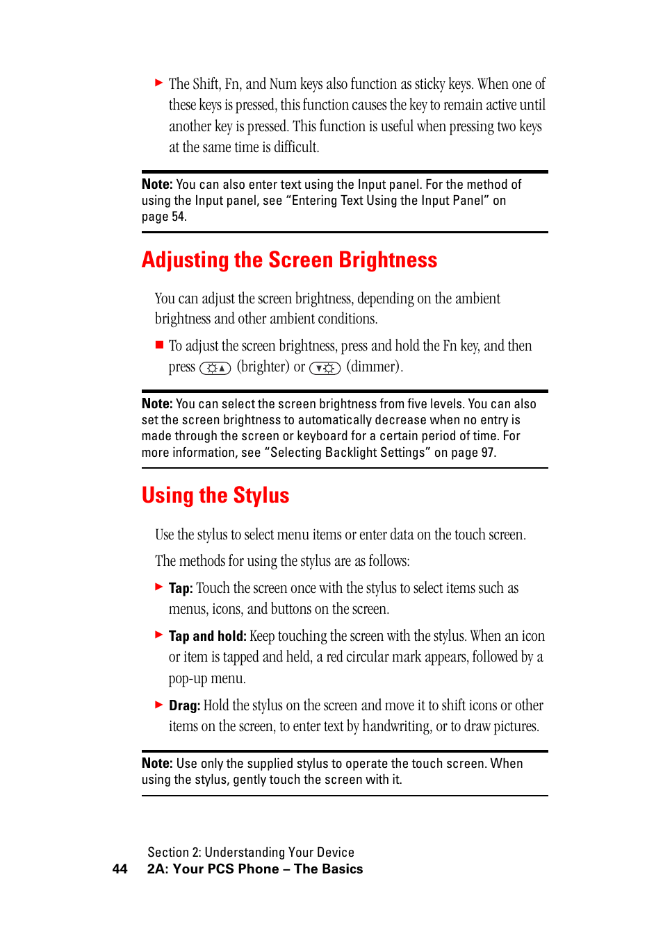 Adjusting the screen brightness, Using the stylus, Adjusting the screen brightness using the stylus | Adjusting the screen, Brightness | Hitachi SH-G1000 User Manual | Page 52 / 264