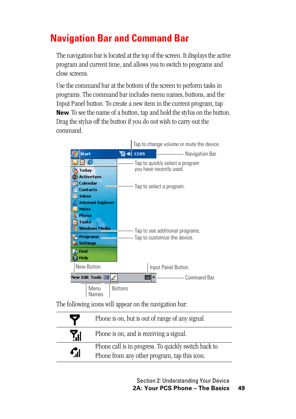 Navigation bar and command bar, Navigation bar and command | Hitachi SH-G1000 User Manual | Page 57 / 264