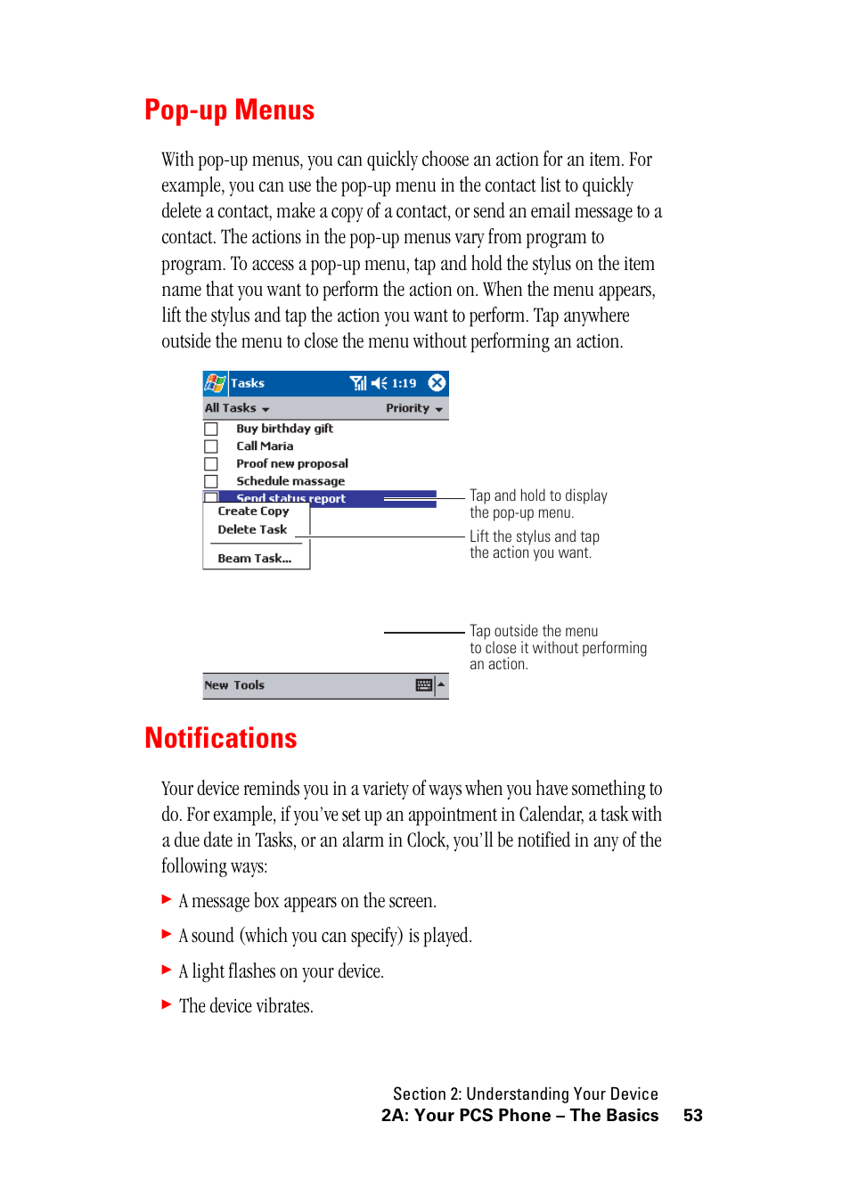 Pop-up menus, Notifications, Pop-up menus notifications | A message box appears on the screen, A sound (which you can specify) is played, A light flashes on your device, The device vibrates | Hitachi SH-G1000 User Manual | Page 61 / 264