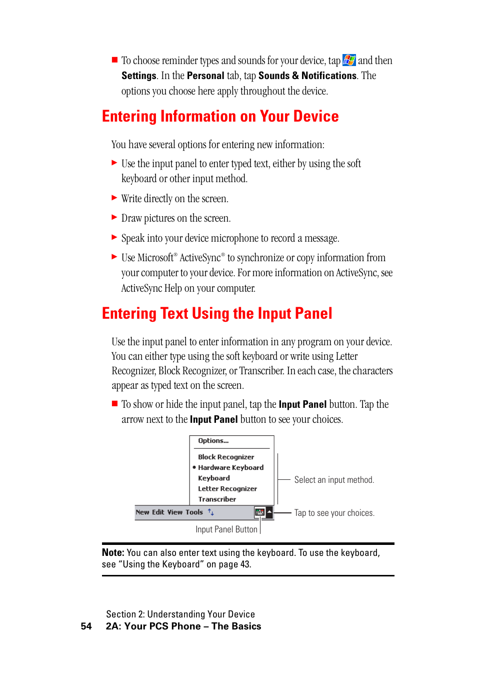 Entering information on your device, Entering text using the input panel, Entering information on your | Device, Entering text using the input, Panel, Tab, tap, Write directly on the screen, Draw pictures on the screen, Use microsoft | Hitachi SH-G1000 User Manual | Page 62 / 264