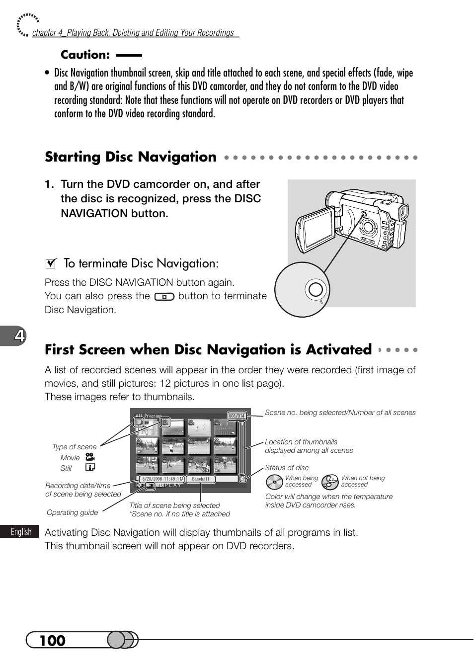 Starting disc navigation, First screen when disc navigation is activated | Hitachi DZMV100A User Manual | Page 100 / 170