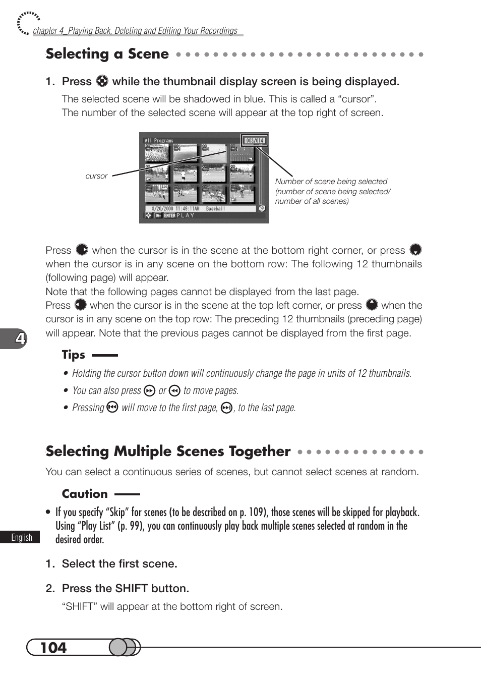 Selecting a scene, Selecting multiple scenes together | Hitachi DZMV100A User Manual | Page 104 / 170