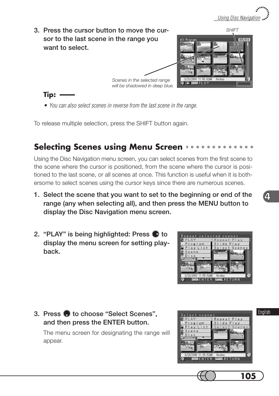 Selecting scenes using menu screen | Hitachi DZMV100A User Manual | Page 105 / 170