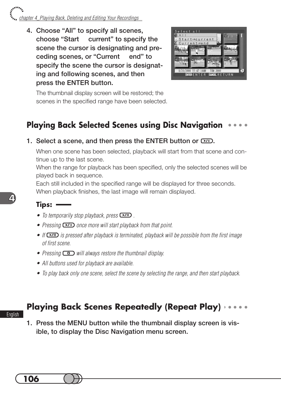 Playing back selected scenes using disc navigation, Playing back scenes repeatedly (repeat play) | Hitachi DZMV100A User Manual | Page 106 / 170