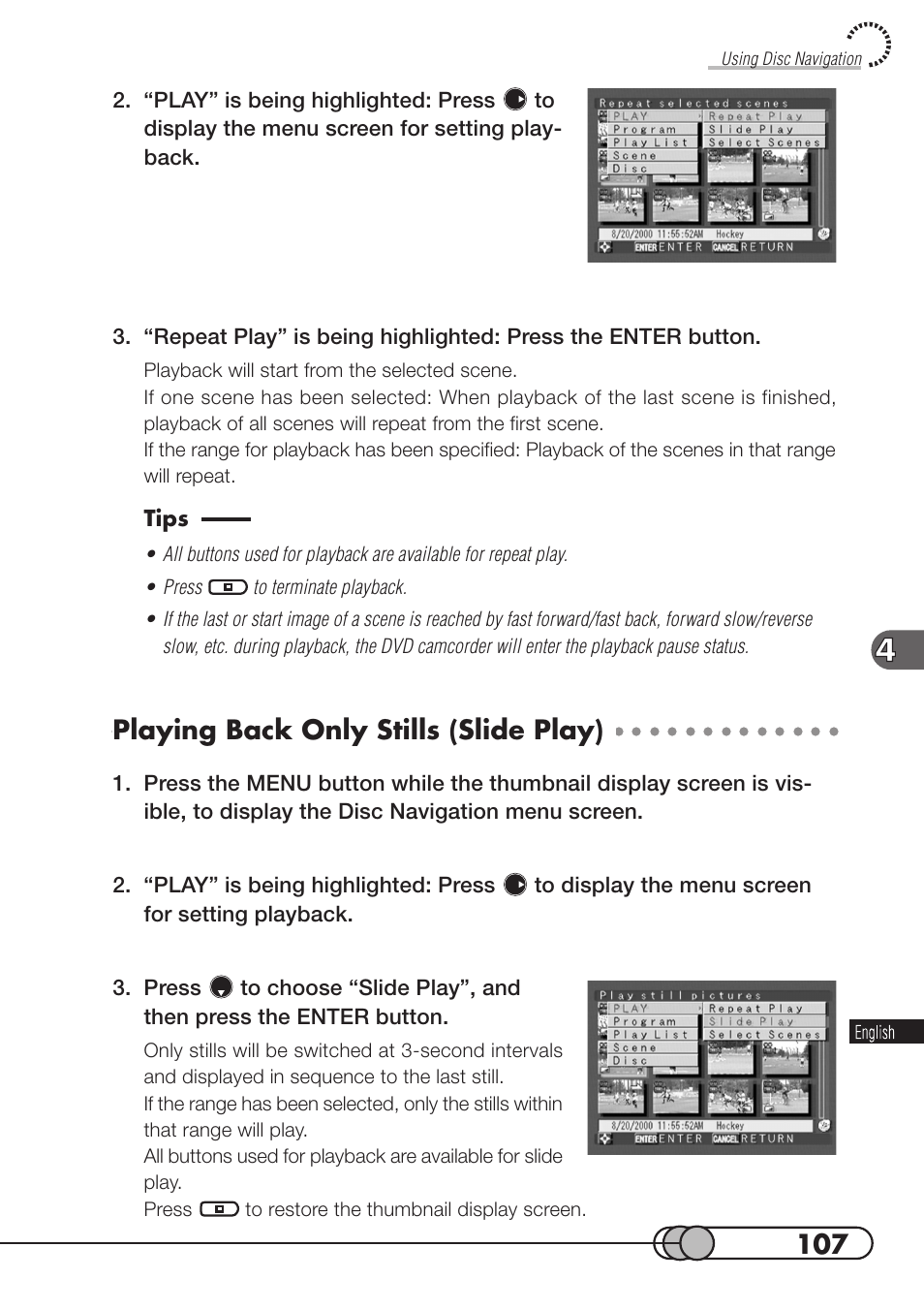 Playing back only stills (slide play) | Hitachi DZMV100A User Manual | Page 107 / 170