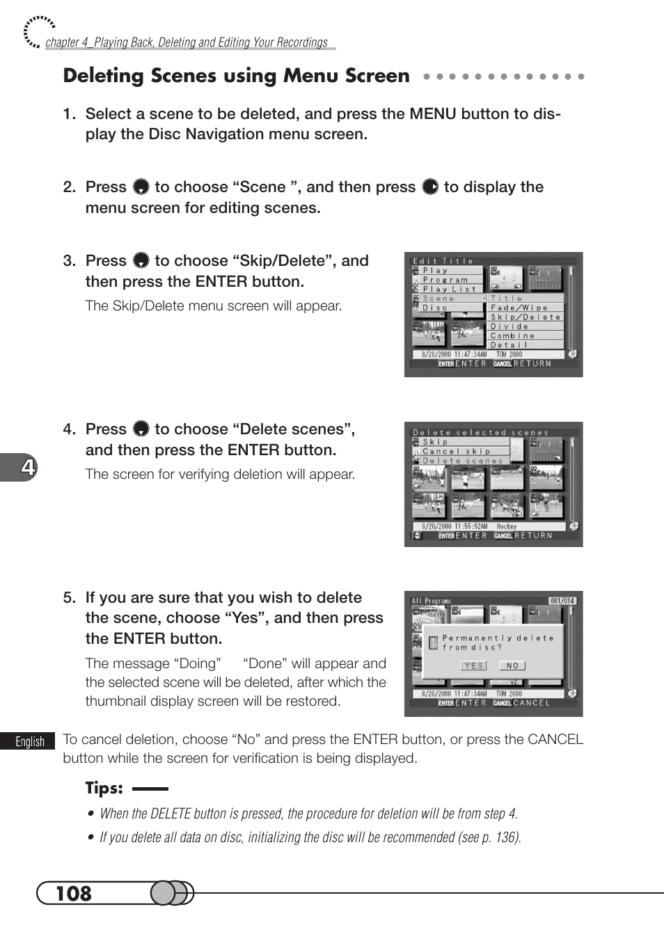 Deleting scenes using menu screen | Hitachi DZMV100A User Manual | Page 108 / 170