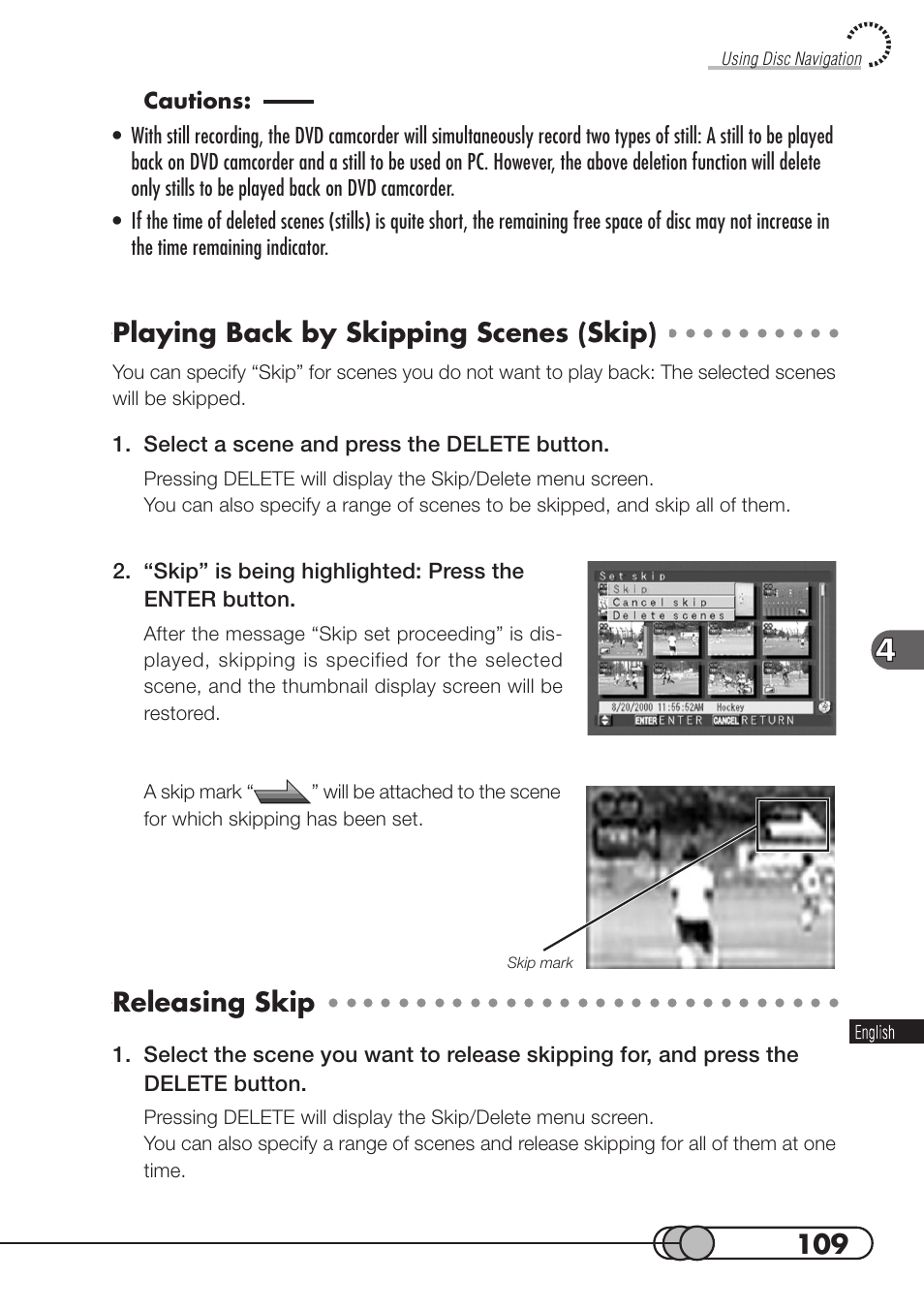 Playing back by skipping scenes (skip), Releasing skip | Hitachi DZMV100A User Manual | Page 109 / 170