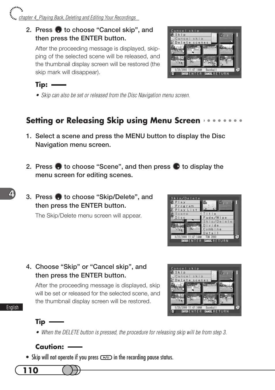 Setting or releasing skip using menu screen | Hitachi DZMV100A User Manual | Page 110 / 170