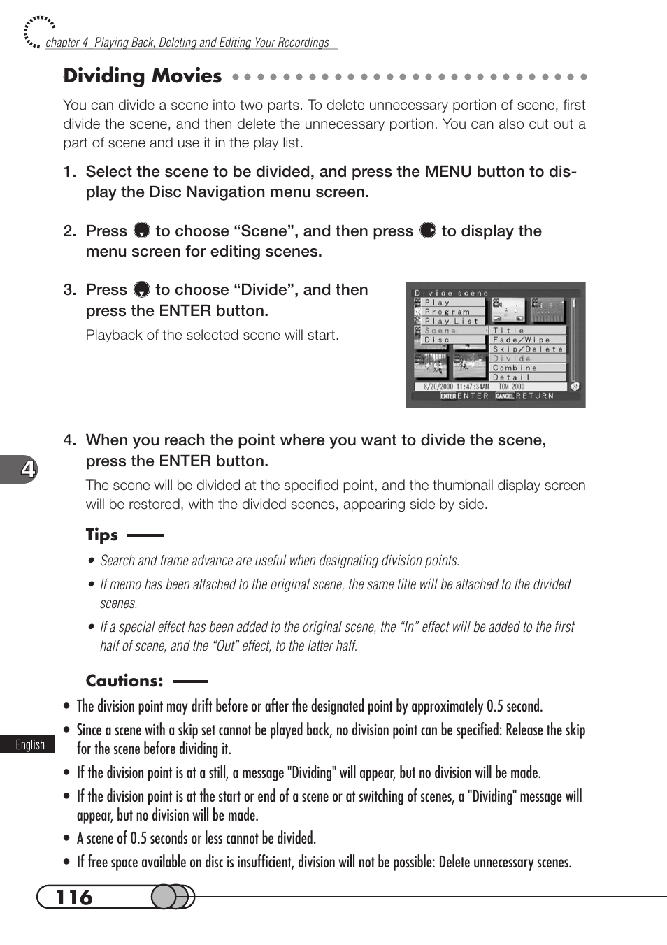 Dividing movies | Hitachi DZMV100A User Manual | Page 116 / 170