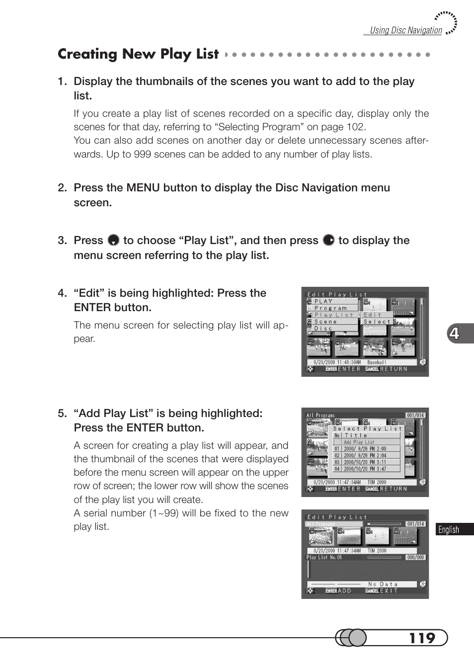 Creating new play list | Hitachi DZMV100A User Manual | Page 119 / 170