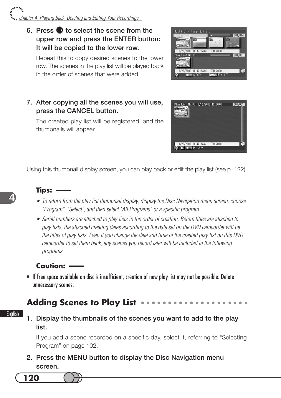 Adding scenes to play list | Hitachi DZMV100A User Manual | Page 120 / 170