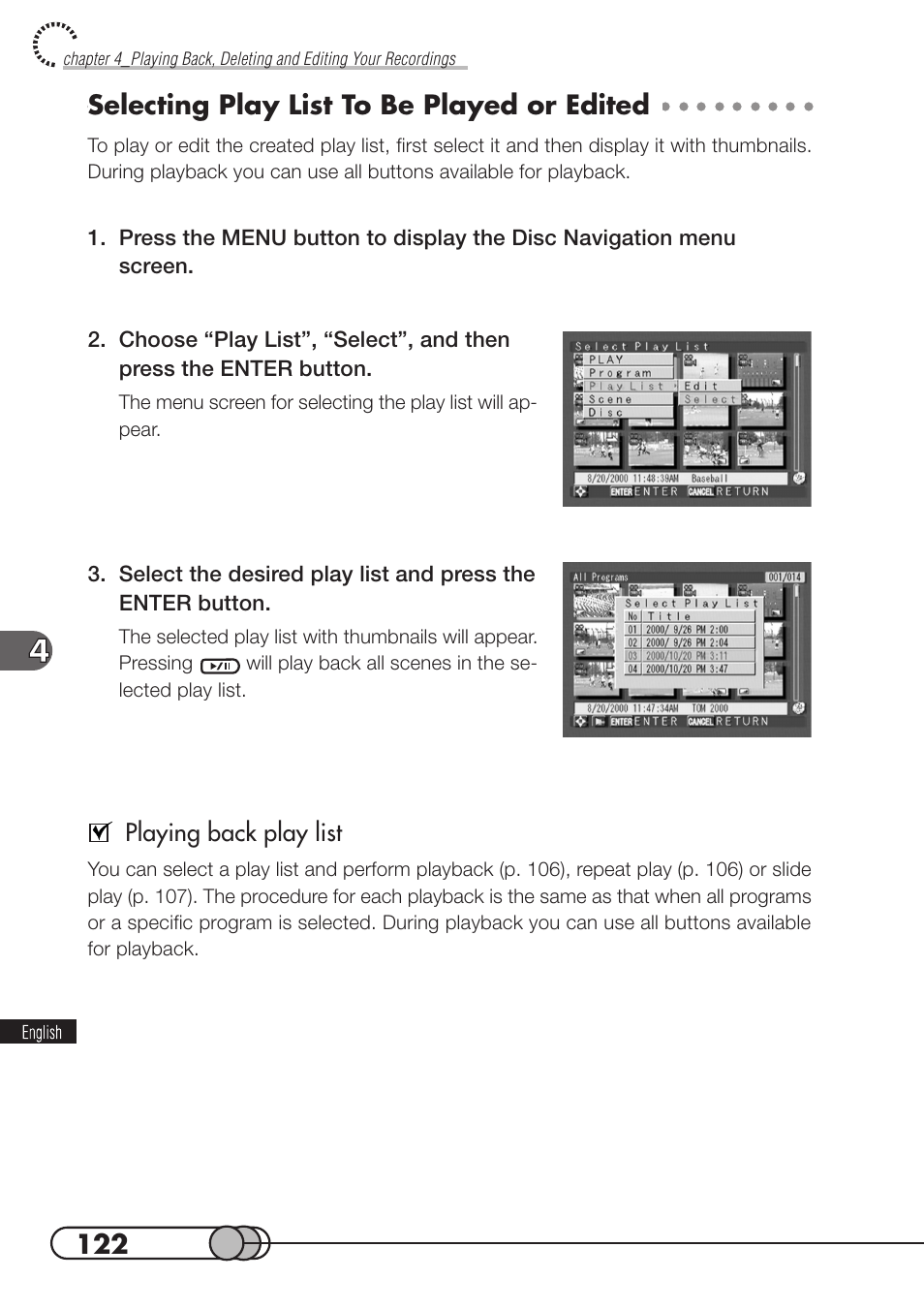 Selecting play list to be played or edited | Hitachi DZMV100A User Manual | Page 122 / 170