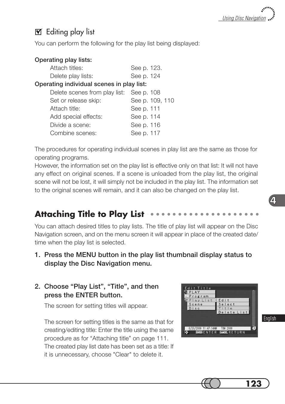 Attaching title to play list, Editing play list | Hitachi DZMV100A User Manual | Page 123 / 170