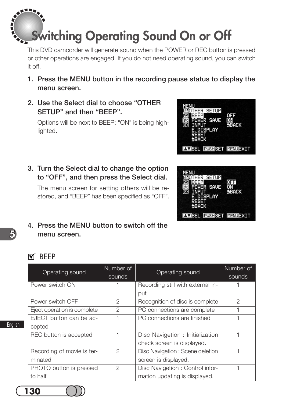 Switching operating sound on or off, Beep | Hitachi DZMV100A User Manual | Page 130 / 170