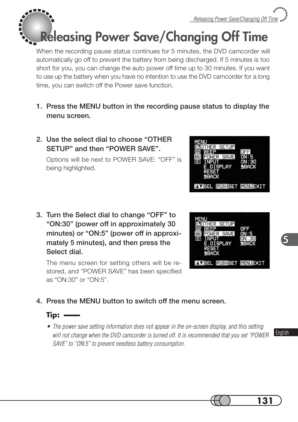 Releasing power save/changing off time | Hitachi DZMV100A User Manual | Page 131 / 170