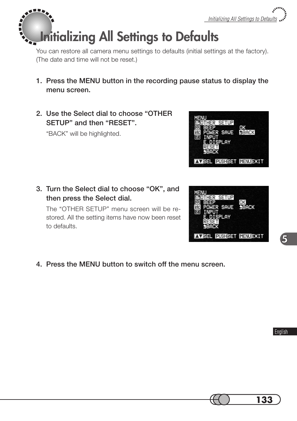 Initializing all settings to defaults | Hitachi DZMV100A User Manual | Page 133 / 170