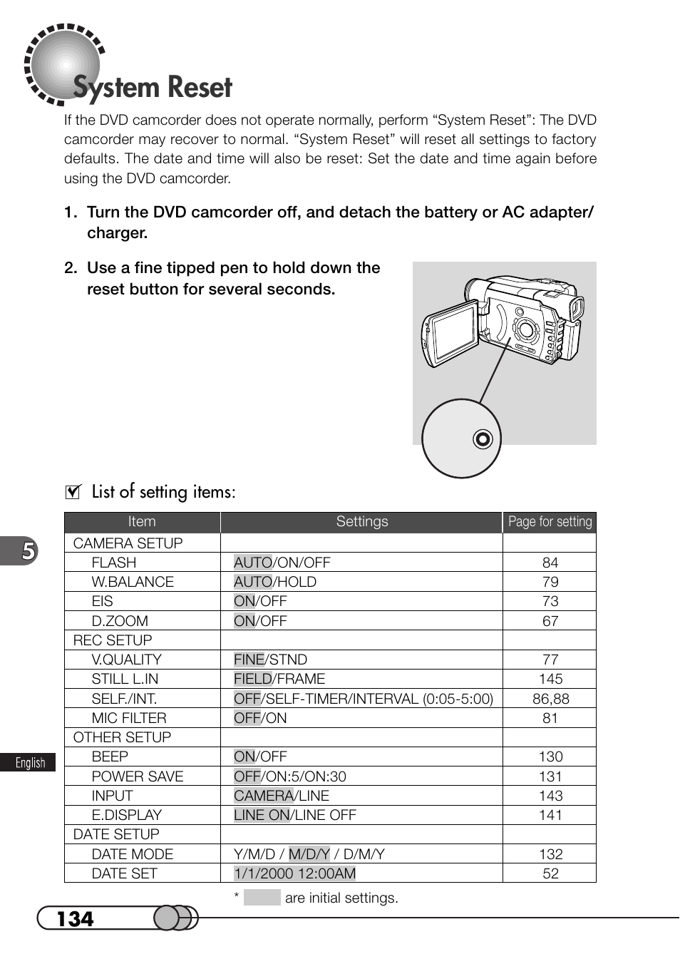 System reset, List of setting items | Hitachi DZMV100A User Manual | Page 134 / 170