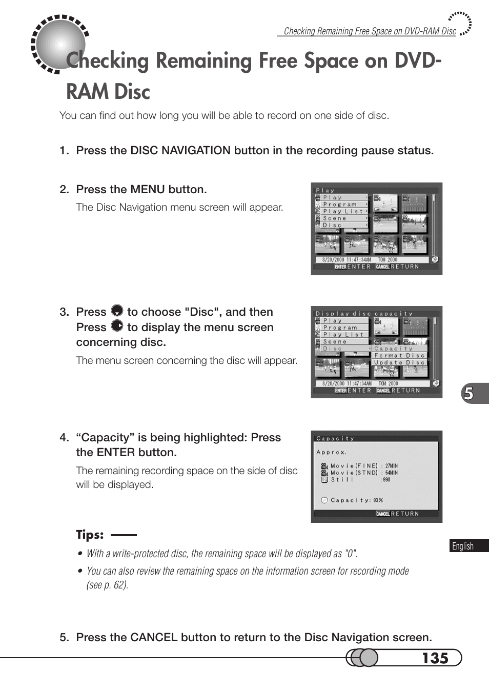 Checking remaining free space on dvd-ram disc, Checking remaining free space on dvd- ram disc | Hitachi DZMV100A User Manual | Page 135 / 170